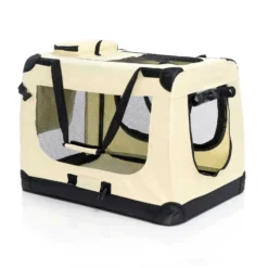 Fudajo Faltbare Transportbox für Hunde, Katzen XL (82x56x58cm), robust, leicht, sicher, Hundebox mit Tragegriff und Decke, Beige