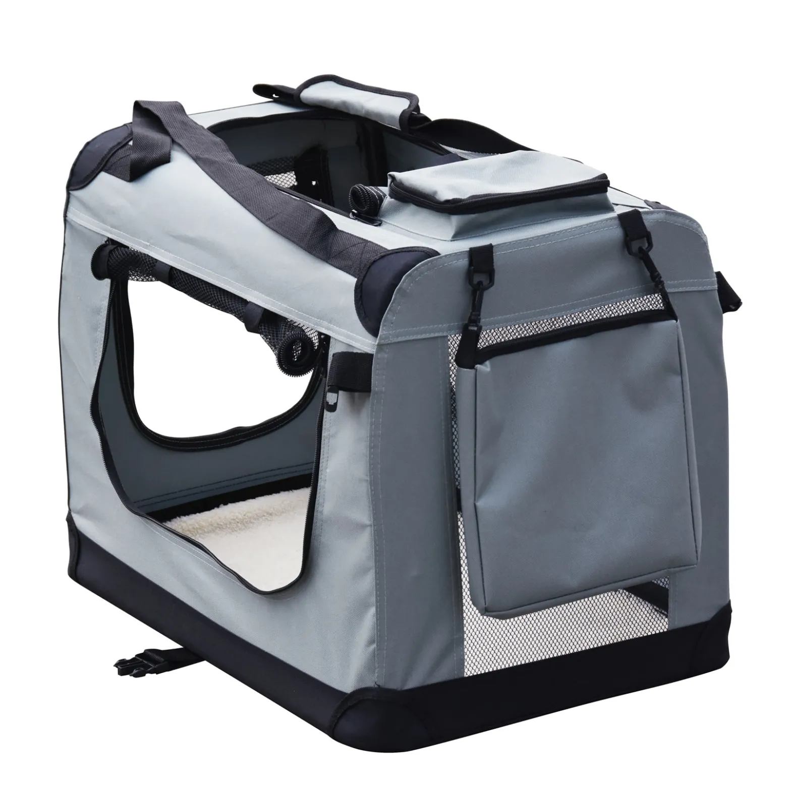 Fudajo Faltbare Transportbox für Hunde, Katzen L (70x52x50cm), robust, leicht, sicher, Hundebox mit Tragegriff und Decke, Grau