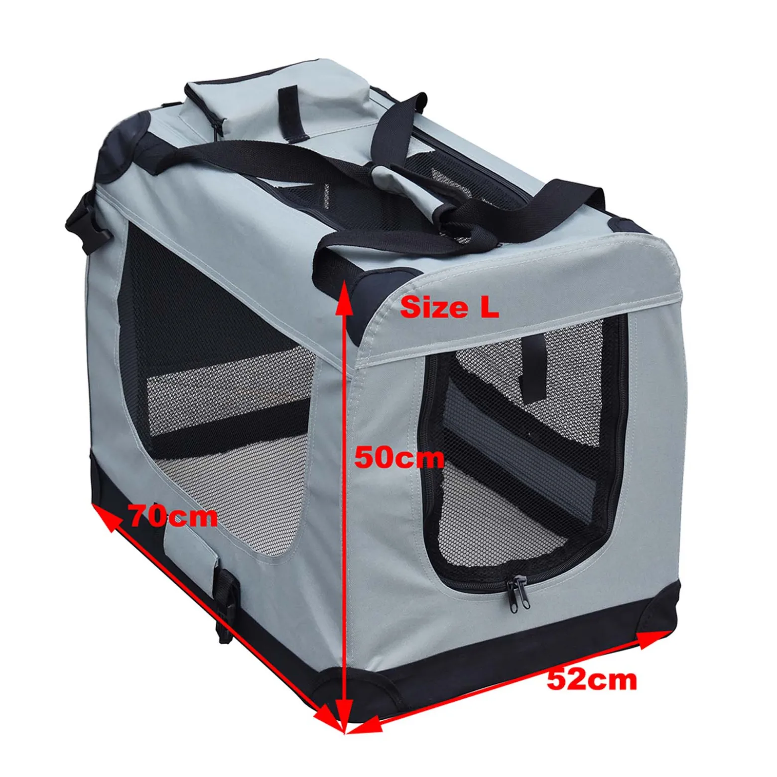 Fudajo Faltbare Transportbox für Hunde, Katzen L (70x52x50cm), robust, leicht, sicher, Hundebox mit Tragegriff und Decke, Grau