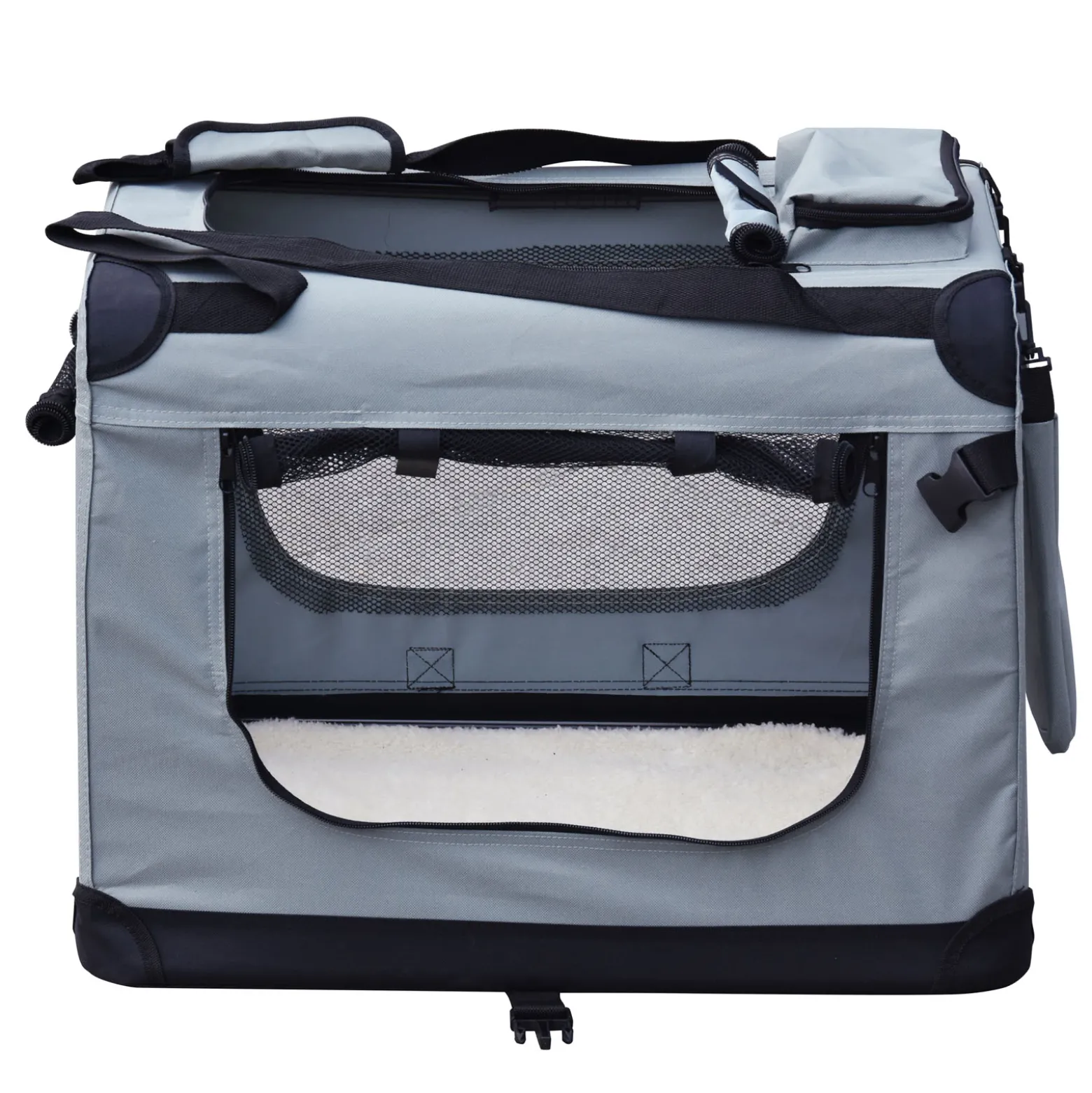 Fudajo Faltbare Transportbox für Hunde, Katzen L (70x52x50cm), robust, leicht, sicher, Hundebox mit Tragegriff und Decke, Grau