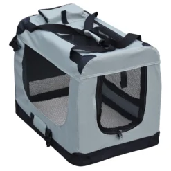 Fudajo Faltbare Transportbox für Hunde, Katzen XL (82x56x58cm), robust, leicht, sicher, Hundebox mit Tragegriff und Decke, Grau