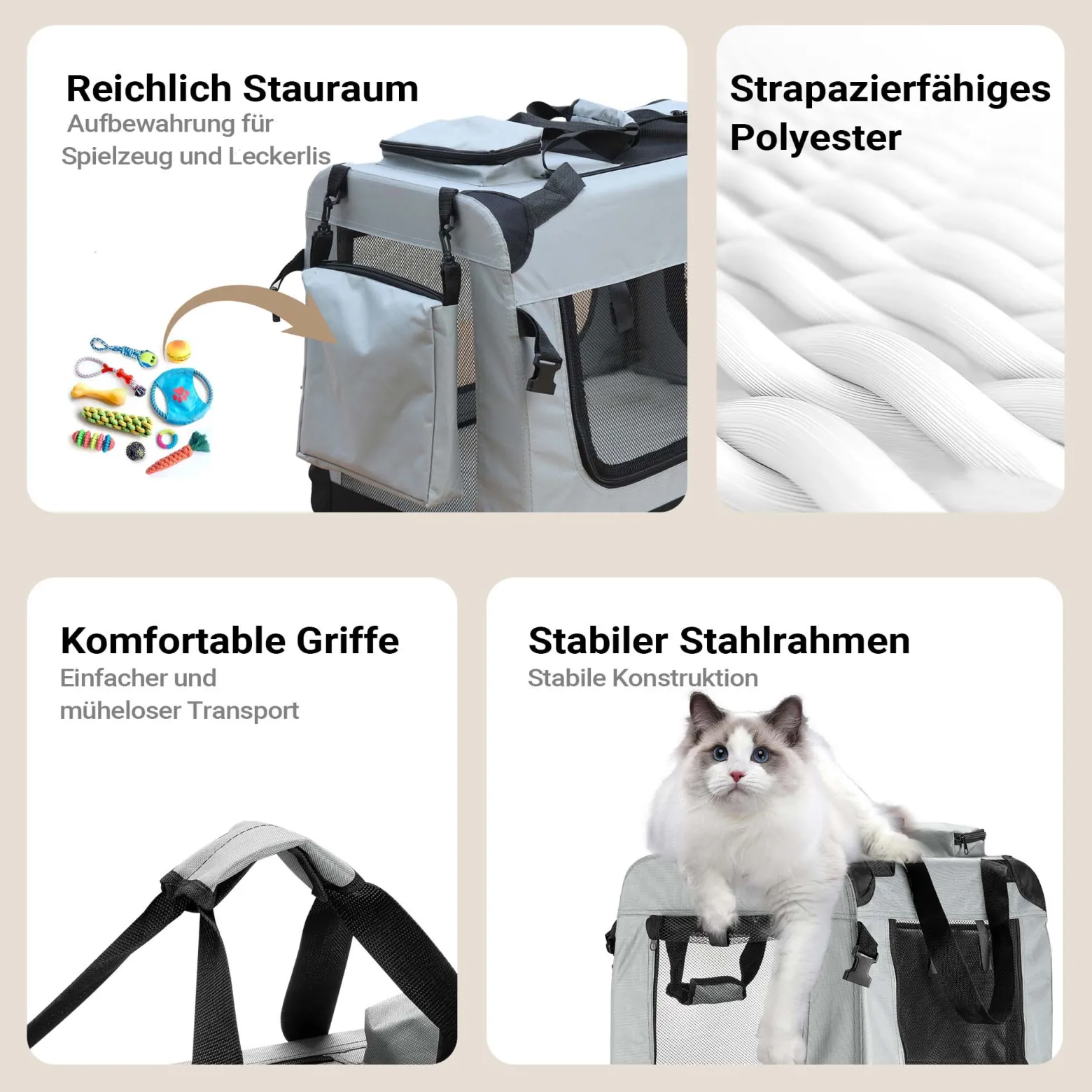Fudajo Faltbare Transportbox für Hunde, Katzen M (60x42x44cm), robust, leicht, sicher, Hundebox mit Tragegriff und Decke, Grau