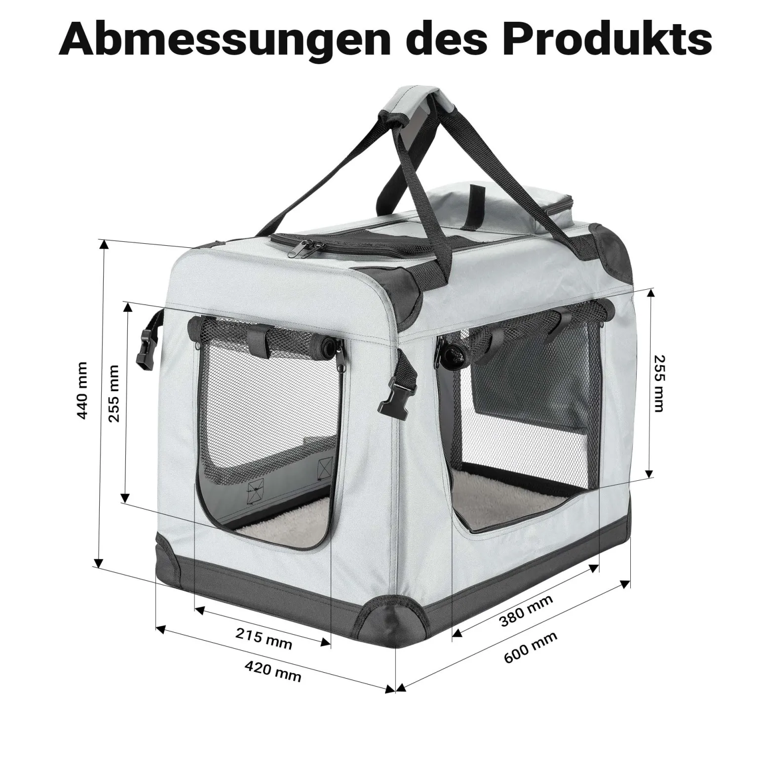 Fudajo Faltbare Transportbox für Hunde, Katzen M (60x42x44cm), robust, leicht, sicher, Hundebox mit Tragegriff und Decke, Grau