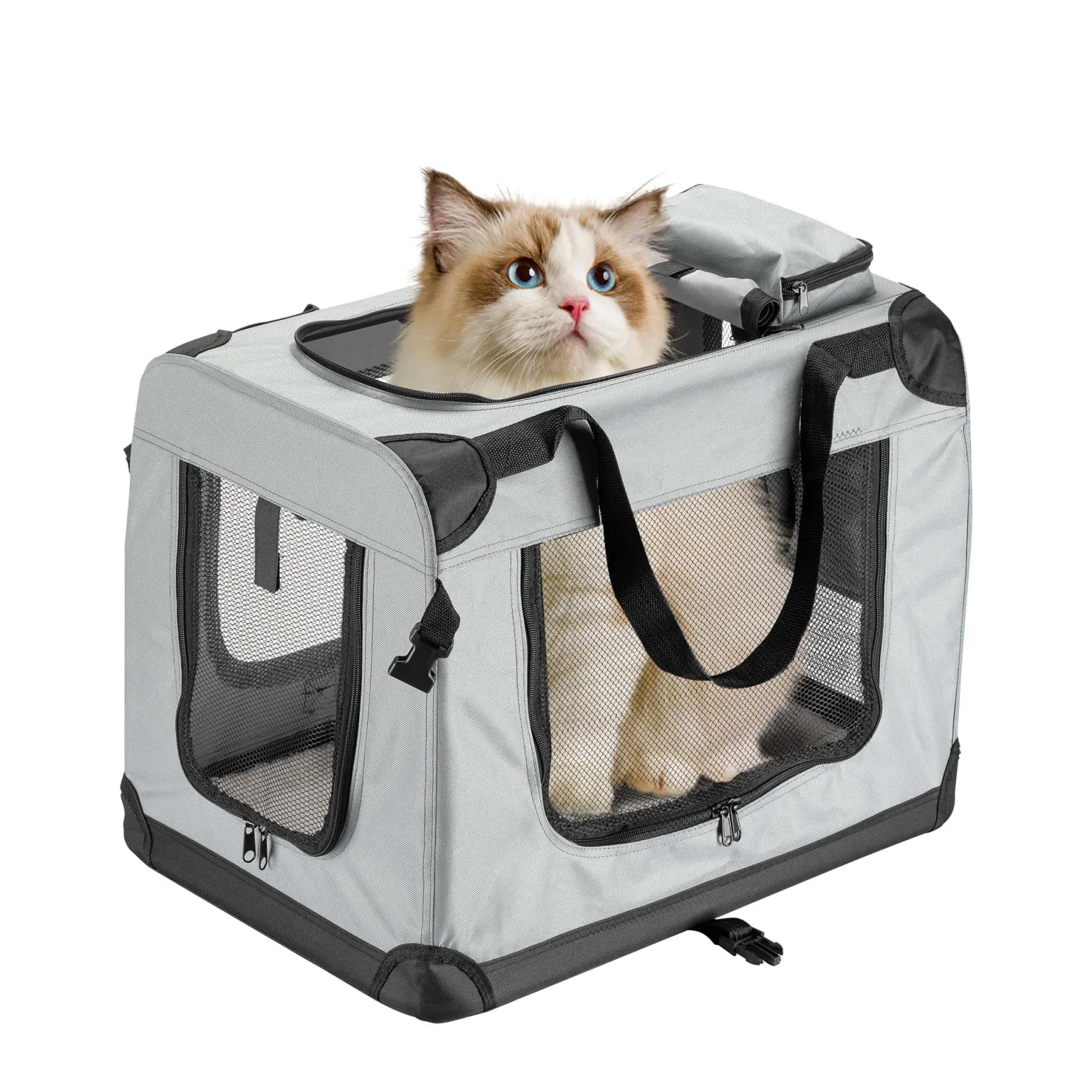 Fudajo Faltbare Transportbox für Hunde, Katzen M (60x42x44cm), robust, leicht, sicher, Hundebox mit Tragegriff und Decke, Grau