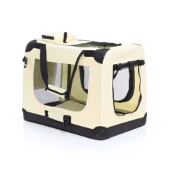Fudajo Faltbare Transportbox für Hunde, Katzen M (60x42x44cm), robust, leicht, sicher, Hundebox mit Tragegriff und Decke, Beige