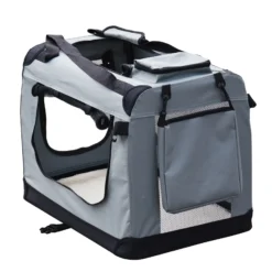 Fudajo Faltbare Transportbox für Hunde, Katzen S (50x35x35cm), robust, leicht, sicher, Hundebox mit Tragegriff und Decke, Grau