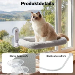 Fudajo Fenster Katzenhängematte 30 x 52 cm hellgrau, Katzenbett Hängematte bis 10 kg, Fensterliege für Katzen platzsparender Schlafplatz mit Saugnäpfen