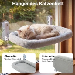 Fudajo Fenster Katzenhängematte 30 x 52 cm hellgrau, Katzenbett Hängematte bis 10 kg, Fensterliege für Katzen platzsparender Schlafplatz mit Saugnäpfen