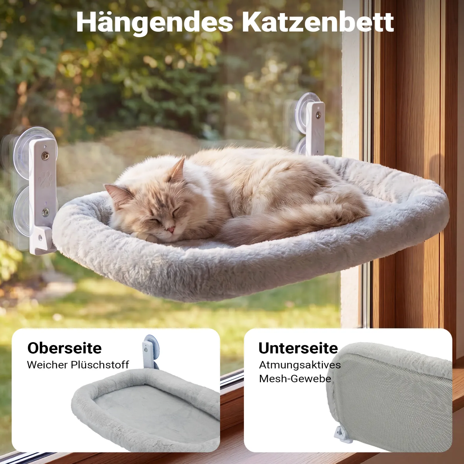 Fudajo Fenster Katzenhängematte 30 x 52 cm hellgrau, Katzenbett Hängematte bis 10 kg, Fensterliege für Katzen platzsparender Schlafplatz mit Saugnäpfen