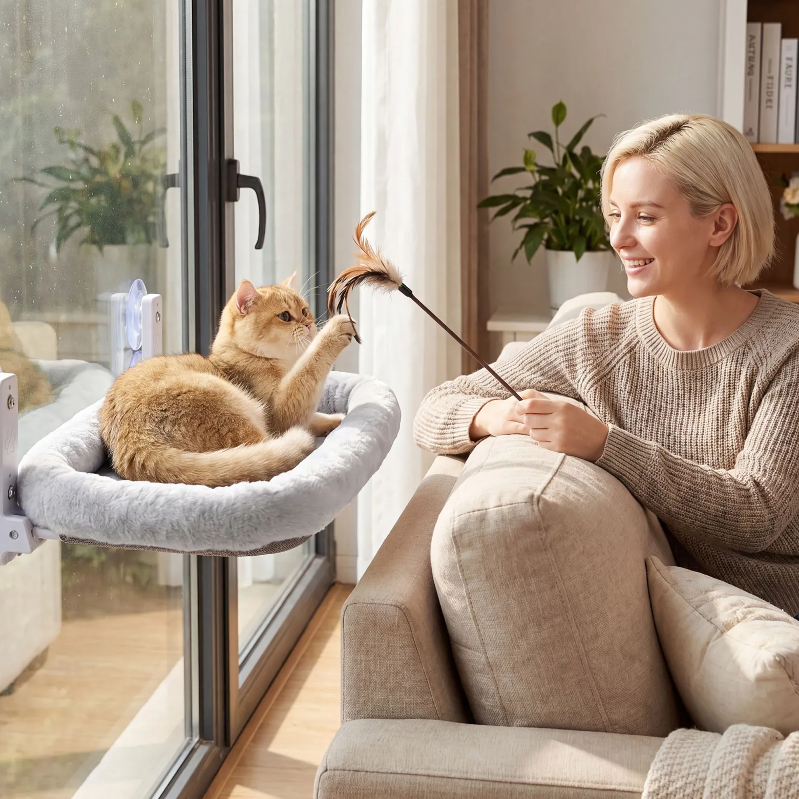 Fudajo Fenster Katzenhängematte 30 x 52 cm hellgrau, Katzenbett Hängematte bis 10 kg, Fensterliege für Katzen platzsparender Schlafplatz mit Saugnäpfen
