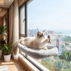 Fudajo Fenster Katzenhängematte 30 x 52 cm hellgrau, Katzenbett Hängematte bis 10 kg, Fensterliege für Katzen platzsparender Schlafplatz mit Saugnäpfen