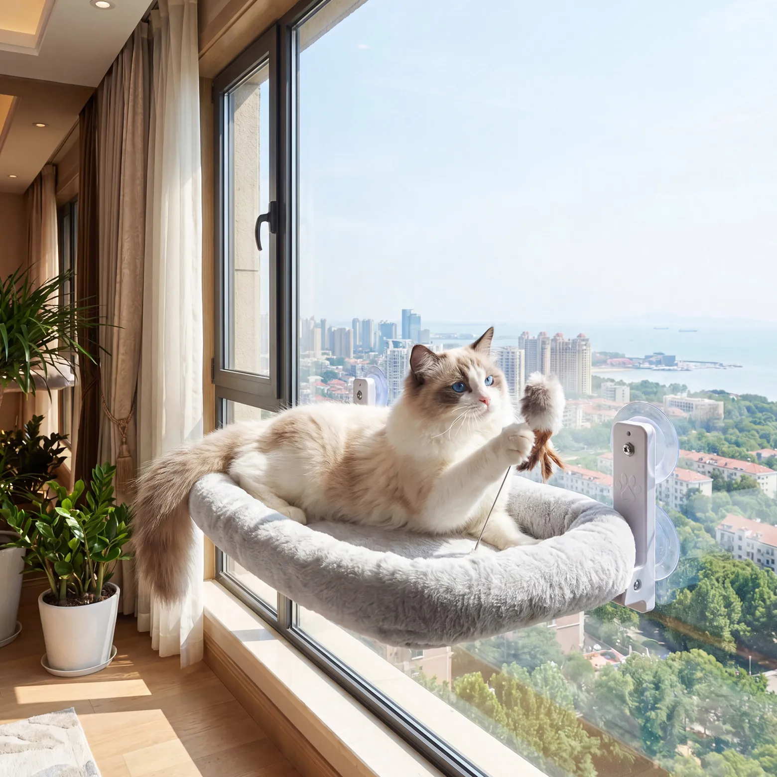 Fudajo Fenster Katzenhängematte 30 x 52 cm hellgrau, Katzenbett Hängematte bis 10 kg, Fensterliege für Katzen platzsparender Schlafplatz mit Saugnäpfen