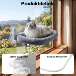 Fudajo Fenster Katzenhängematte 30 x 52 cm dunkelgrau, Katzenbett Hängematte bis 10 kg, Fensterliege für Katzen platzsparender Schlafplatz mit Saugnäpfen