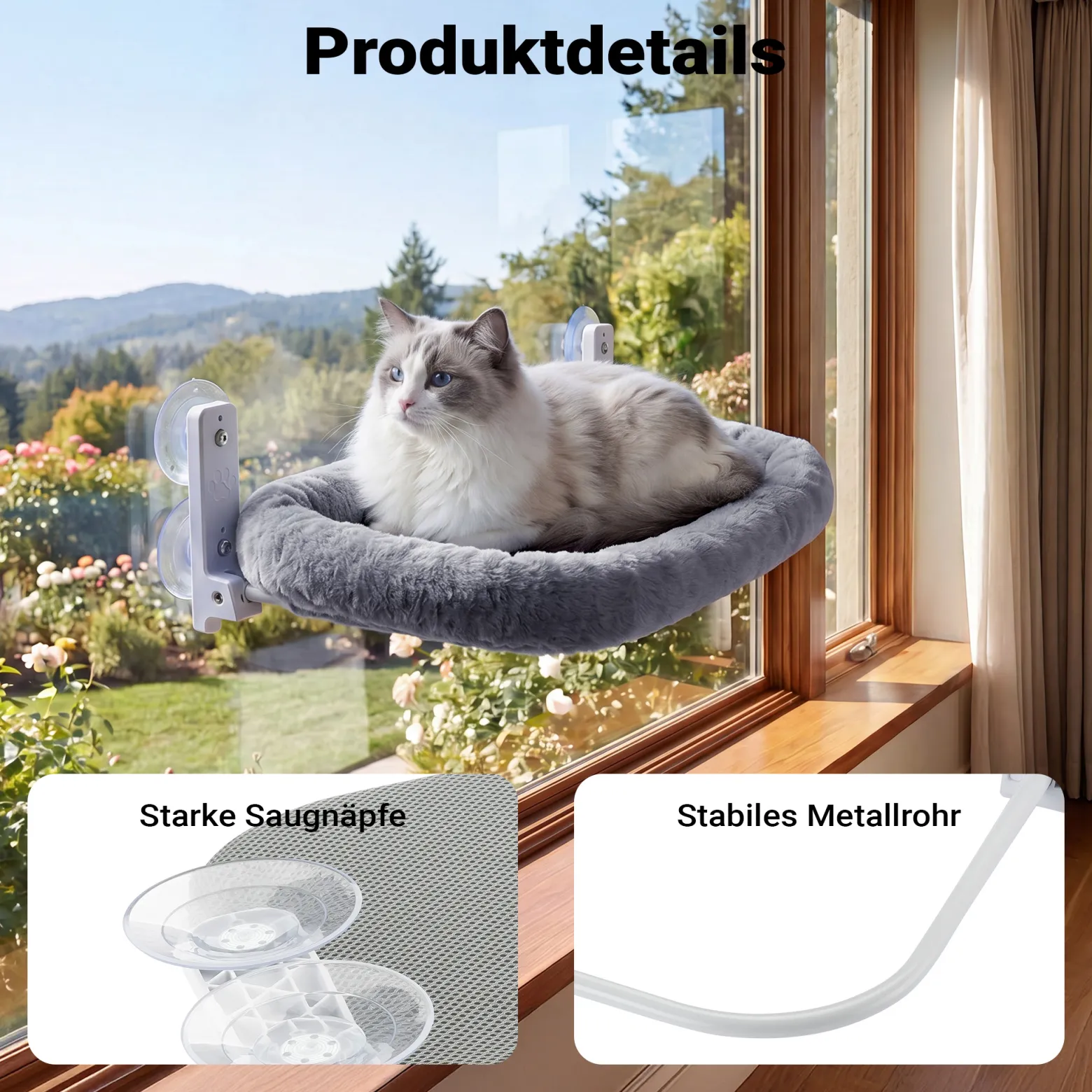 Fudajo Fenster Katzenhängematte 30 x 52 cm dunkelgrau, Katzenbett Hängematte bis 10 kg, Fensterliege für Katzen platzsparender Schlafplatz mit Saugnäpfen