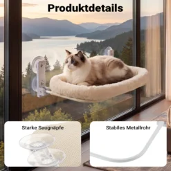 Fudajo Fenster Katzenhängematte 30 x 52 cm beige, Katzenbett Hängematte bis 10 kg, Fensterliege für Katzen platzsparender Schlafplatz mit Saugnäpfen
