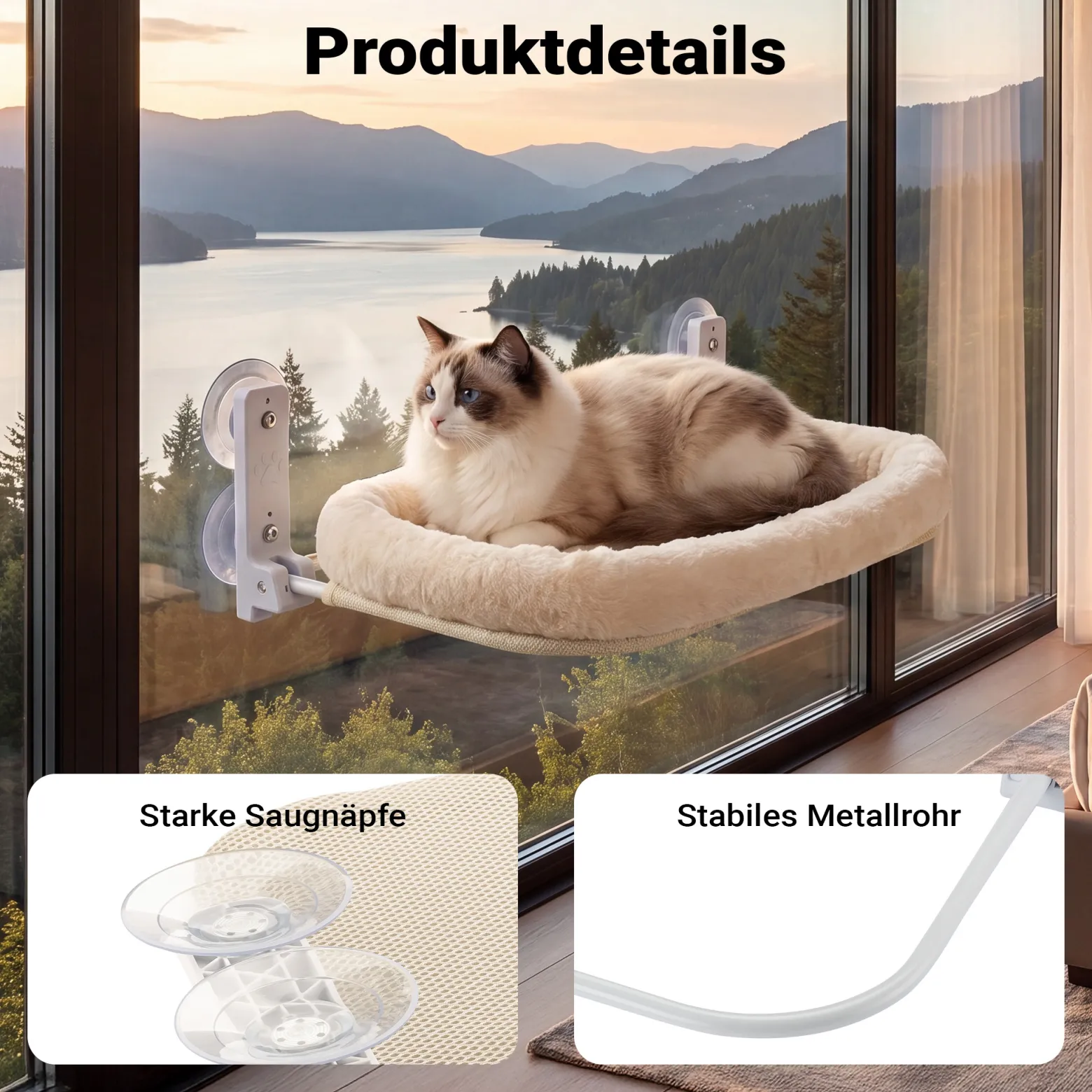 Fudajo Fenster Katzenhängematte 30 x 52 cm beige, Katzenbett Hängematte bis 10 kg, Fensterliege für Katzen platzsparender Schlafplatz mit Saugnäpfen