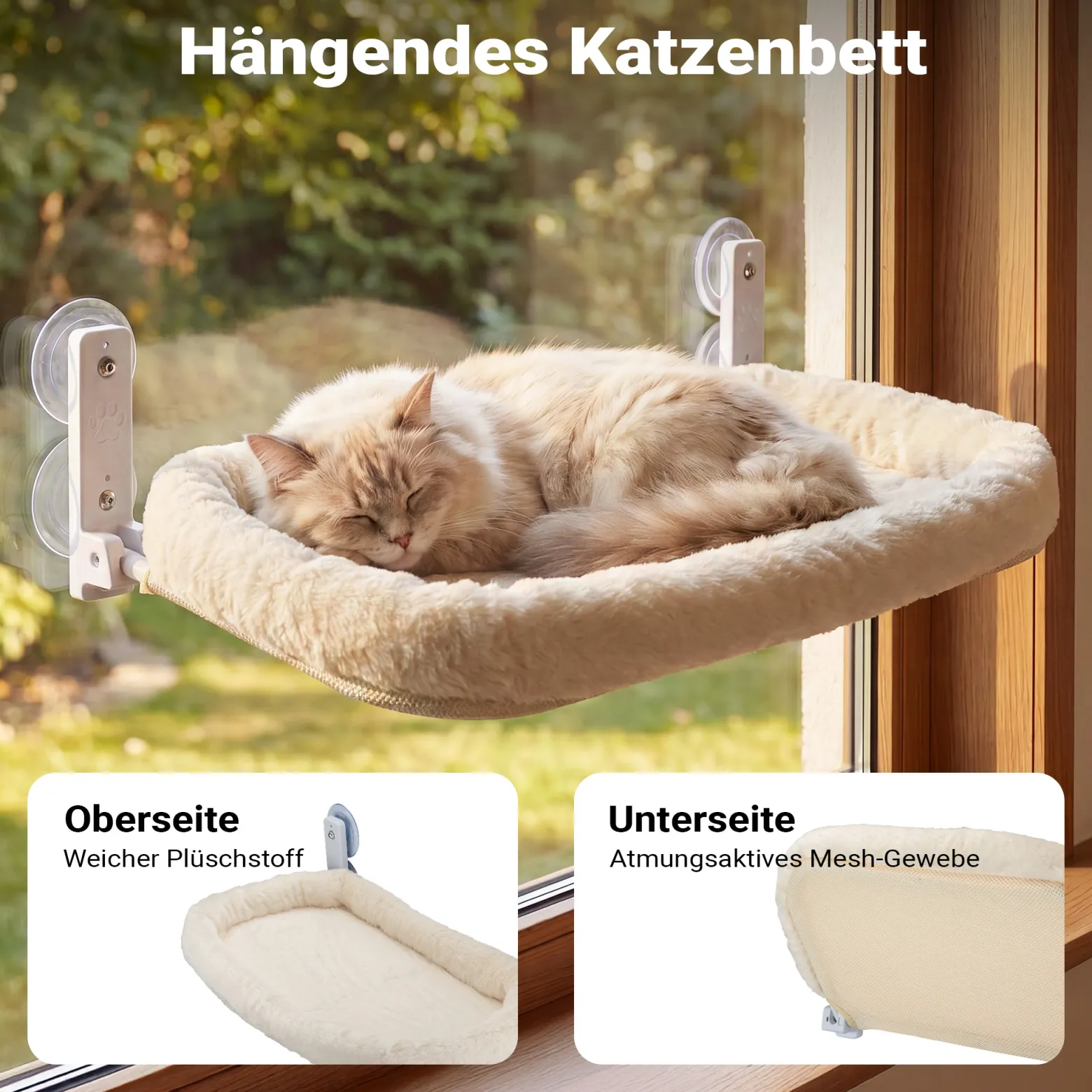 Fudajo Fenster Katzenhängematte 30 x 52 cm beige, Katzenbett Hängematte bis 10 kg, Fensterliege für Katzen platzsparender Schlafplatz mit Saugnäpfen