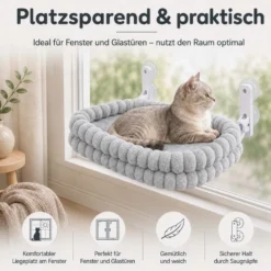 Fudajo Fenster Katzenhängematte 30 x 60 cm hellgrau, Katzenbett Hängematte bis 10 kg, Fensterliege für Katzen platzsparender Schlafplatz mit Saugnäpfen