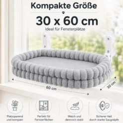 Fudajo Fenster Katzenhängematte 30 x 60 cm hellgrau, Katzenbett Hängematte bis 10 kg, Fensterliege für Katzen platzsparender Schlafplatz mit Saugnäpfen