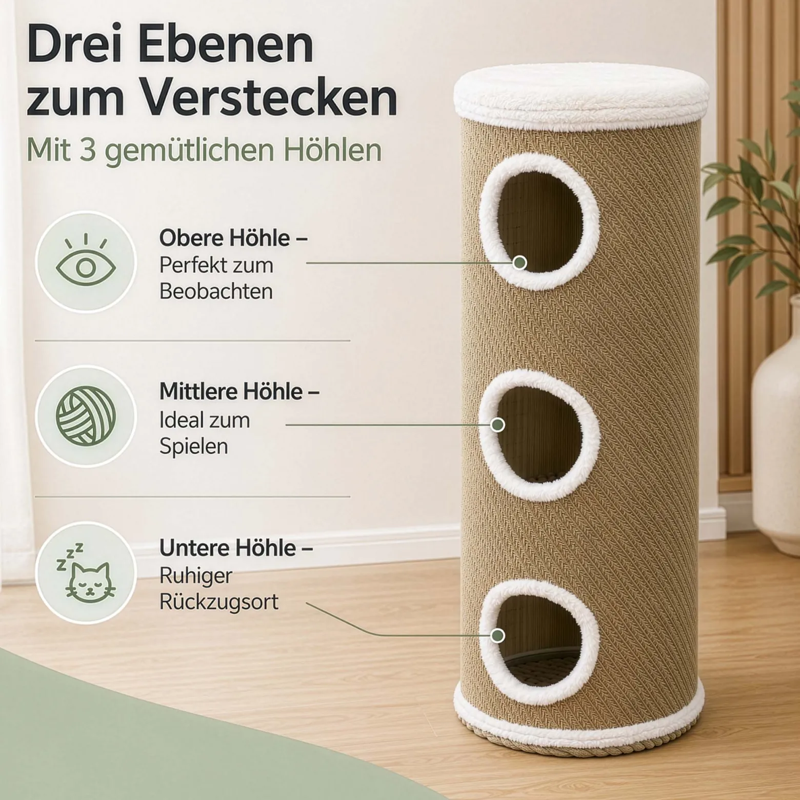 Fudajo Forest Kratztonne mehrfarbig-cremefarben Höhe 106 cm Ø 40 cm inkl. Kissen, Katzentonne mit 3 Eingängen