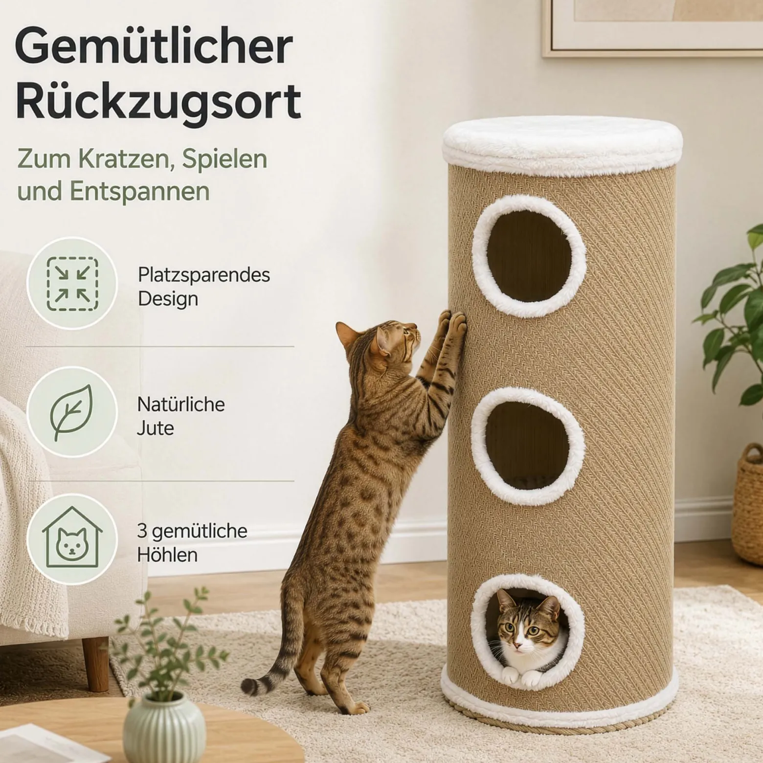 Fudajo Forest Kratztonne mehrfarbig-cremefarben Höhe 106 cm Ø 40 cm inkl. Kissen, Katzentonne mit 3 Eingängen