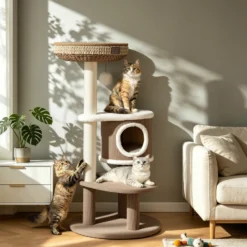Fudajo Forest Lodge 117 cm Kratzbaum beige, Katzenbaum mit Katzenhaus, Katzenbett, Massageelement und Papierseil-Kratzstämmen