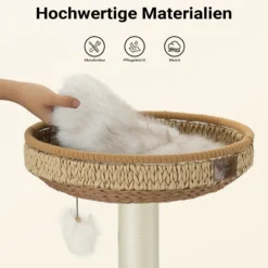Fudajo Forest Lodge 168 cm Kratzbaum beige, Katzenbaum mit Katzenhaus, Katzenbett, Hängematte, transparente Liegemulde und Papierseil-Kratzstämmen