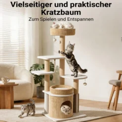 Fudajo Forest Oak 138 cm Kratzbaum beige, Katzenkratzbaum mit Katzenhaus, Katzenbetten und Papierseil-Kratzstämmen, Katzenbaum mit Massageelement