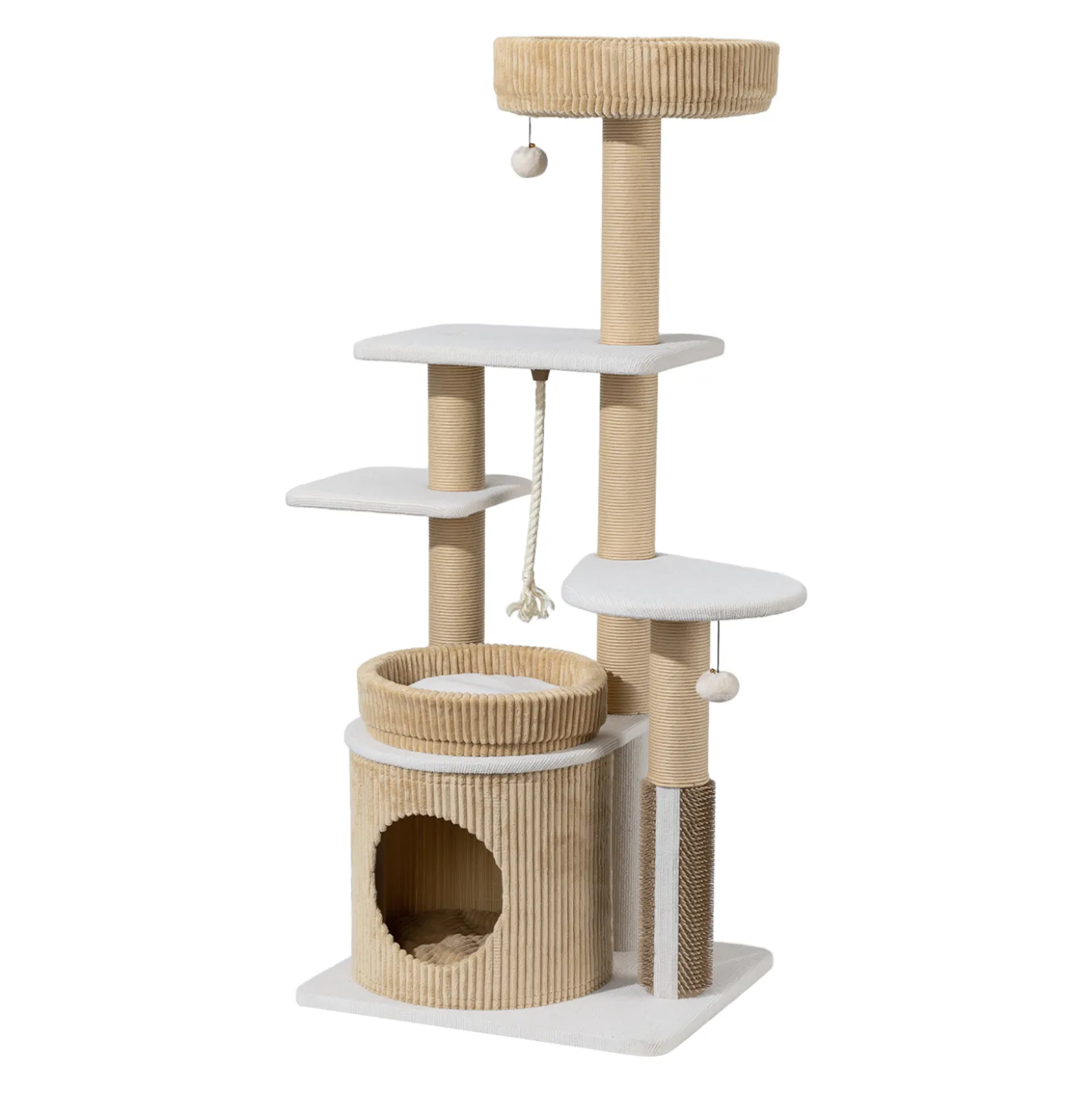Fudajo Forest Oak 138 cm Kratzbaum beige, Katzenkratzbaum mit Katzenhaus, Katzenbetten und Papierseil-Kratzstämmen, Katzenbaum mit Massageelement