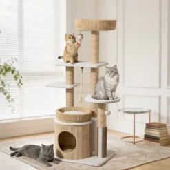 Fudajo Forest Oak 138 cm Kratzbaum beige, Katzenkratzbaum mit Katzenhaus, Katzenbetten und Papierseil-Kratzstämmen, Katzenbaum mit Massageelement