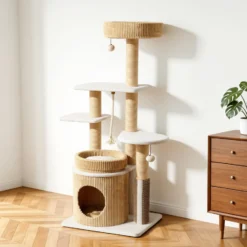 Fudajo Forest Oak 138 cm Kratzbaum beige, Katzenkratzbaum mit Katzenhaus, Katzenbetten und Papierseil-Kratzstämmen, Katzenbaum mit Massageelement