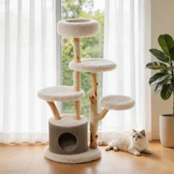 Fudajo Forest Tree 146 cm Kratzbaum natur, Katzenbaum in Holzoptik mit Katzenhaus, Katzenbett und Spielball