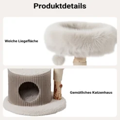 Fudajo Forest Tree 146 cm Kratzbaum natur, Katzenbaum in Holzoptik mit Katzenhaus, Katzenbett und Spielball
