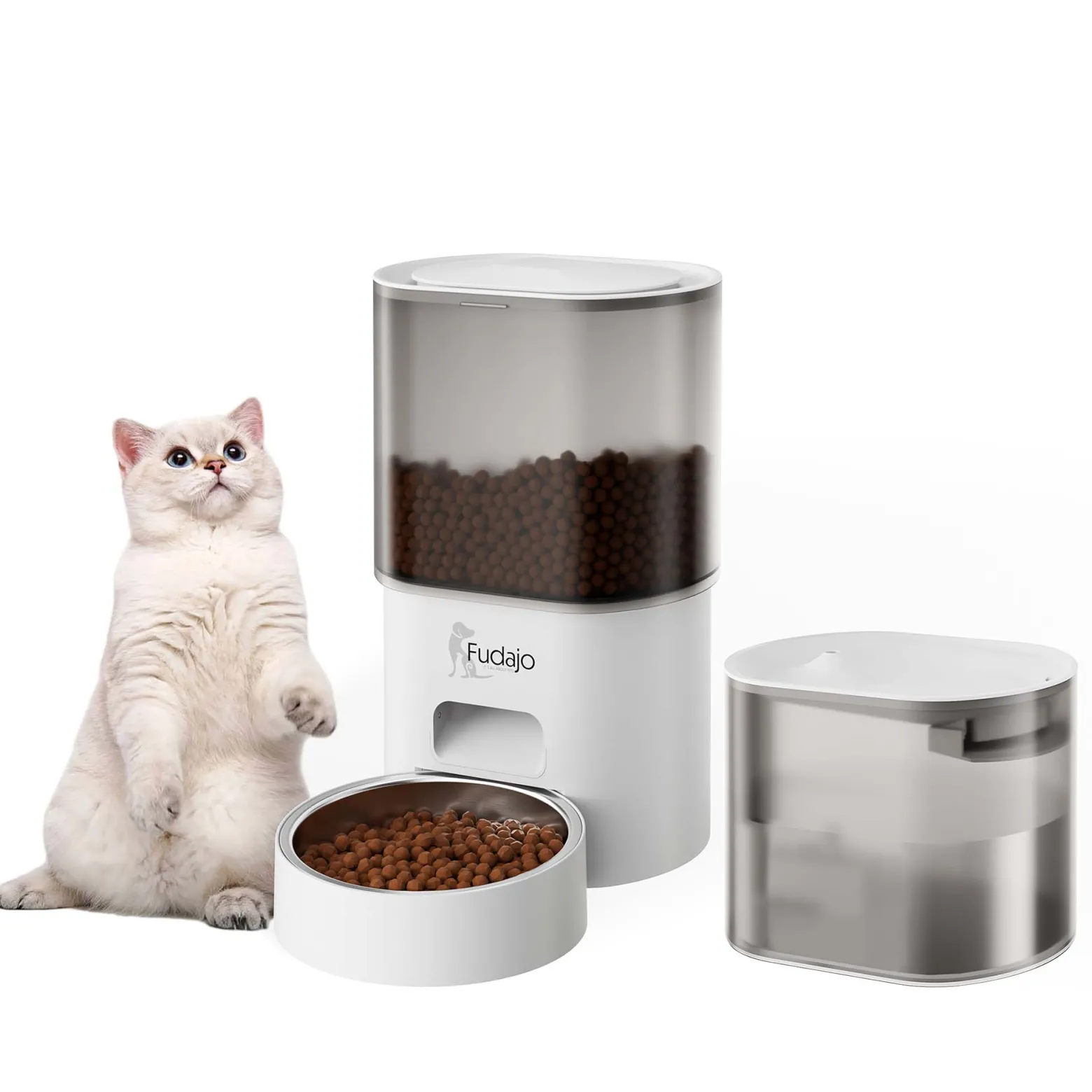 Fudajo Futter- und Trinkautomat für Katzen & Hunde in Weiß, 3 L Futterspender und 2,5 L Trinkbrunnen, Fütterung mit App-Steuerung für Trockenfutter