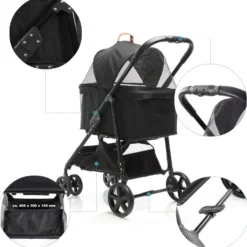 Fudajo 2in1 Hundebuggy zusammenklappbar in Schwarz, Hundewagen mit abnehmbarer Hundetragetasche, für kleine bis mittlere Hunde und Katzen