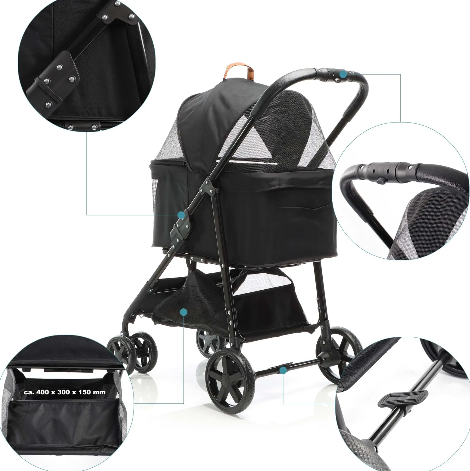 Fudajo 2in1 Hundebuggy zusammenklappbar in Schwarz, Hundewagen mit abnehmbarer Hundetragetasche, für kleine bis mittlere Hunde und Katzen