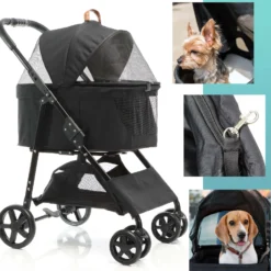 Fudajo 2in1 Hundebuggy zusammenklappbar in Schwarz, Hundewagen mit abnehmbarer Hundetragetasche, für kleine bis mittlere Hunde und Katzen