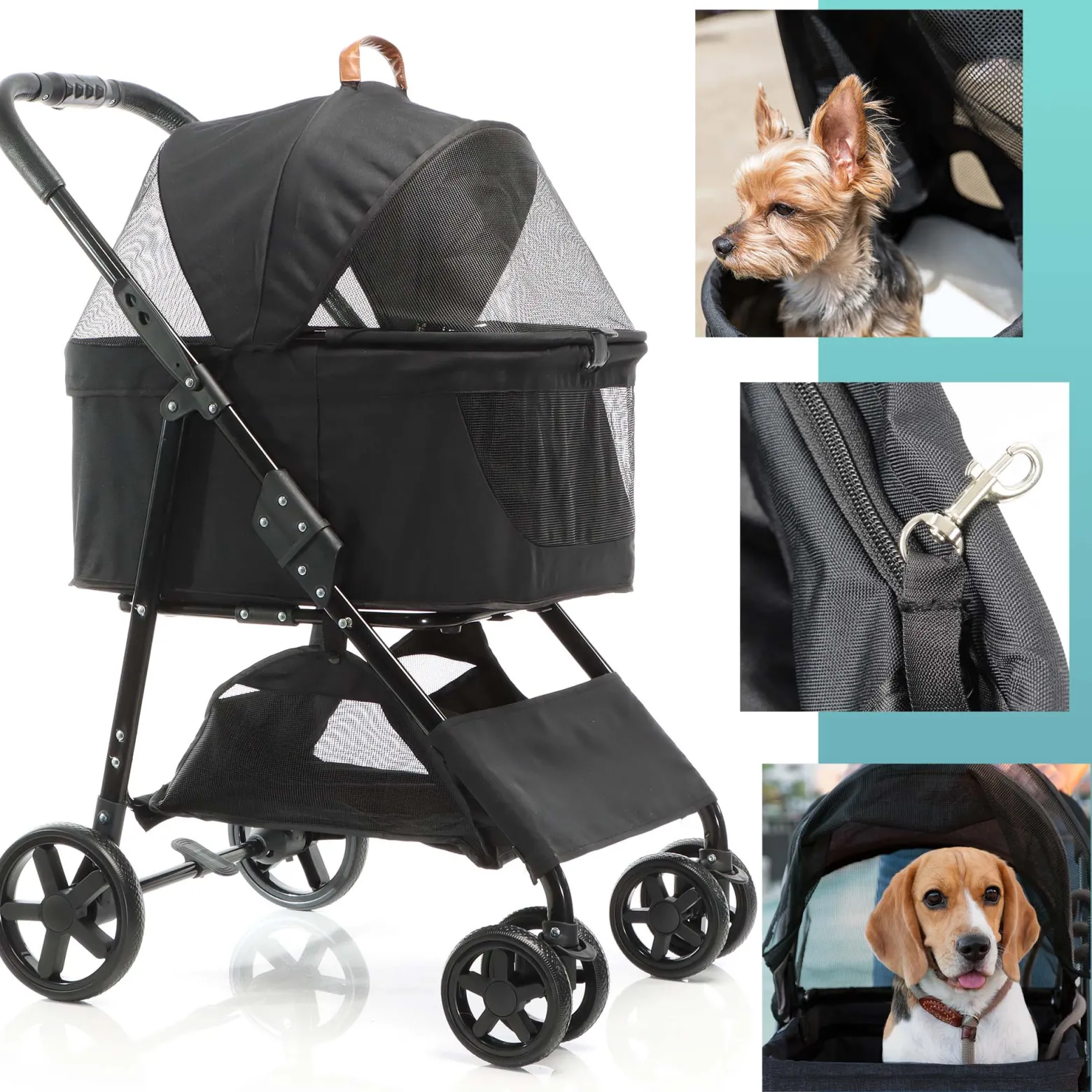 Fudajo 2in1 Hundebuggy zusammenklappbar in Schwarz, Hundewagen mit abnehmbarer Hundetragetasche, für kleine bis mittlere Hunde und Katzen