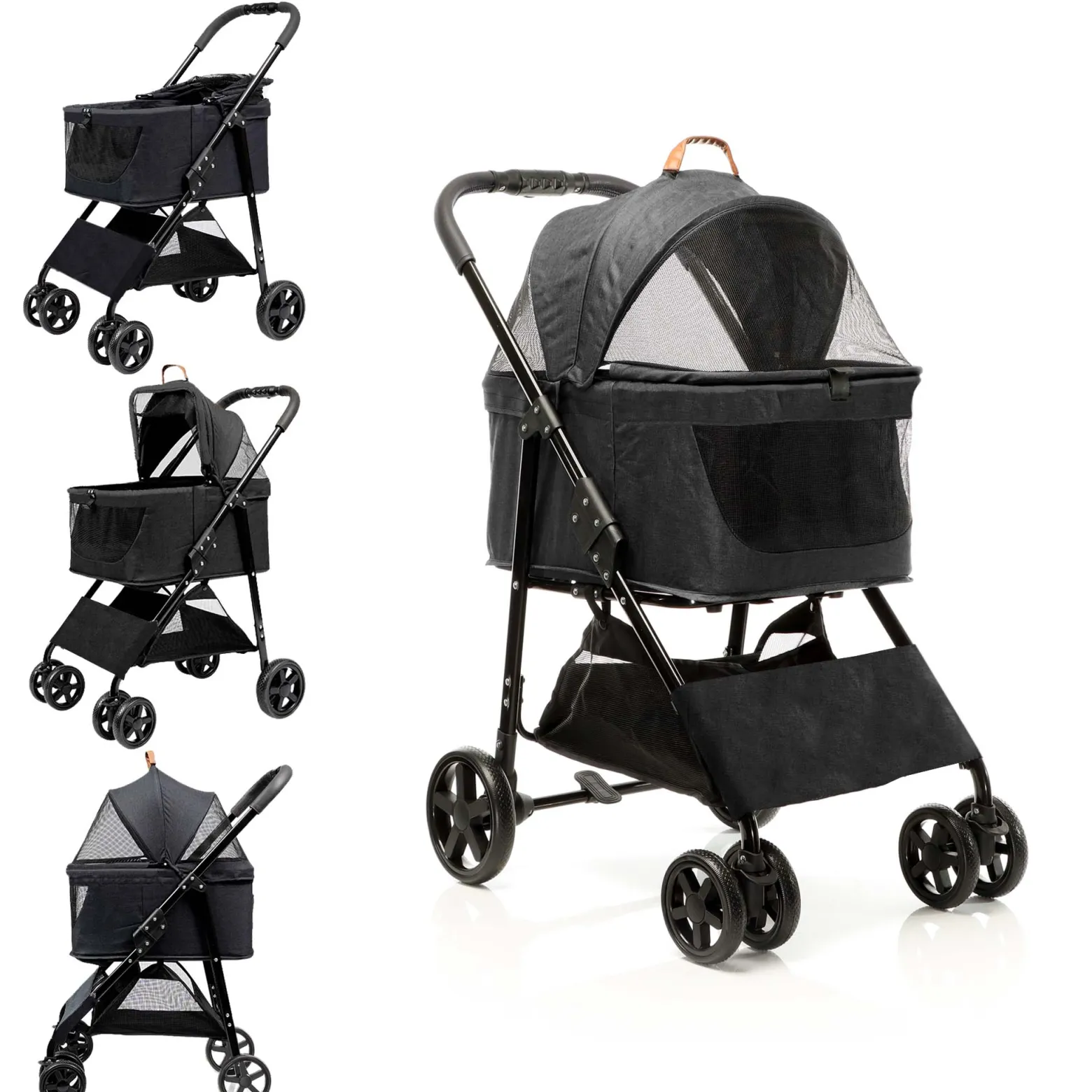 Fudajo 2in1 Hundebuggy zusammenklappbar in Schwarz, Hundewagen mit abnehmbarer Hundetragetasche, für kleine bis mittlere Hunde und Katzen