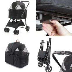 Fudajo 2in1 Hundebuggy zusammenklappbar in Schwarz, Hundewagen mit abnehmbarer Hundetragetasche, für kleine bis mittlere Hunde und Katzen