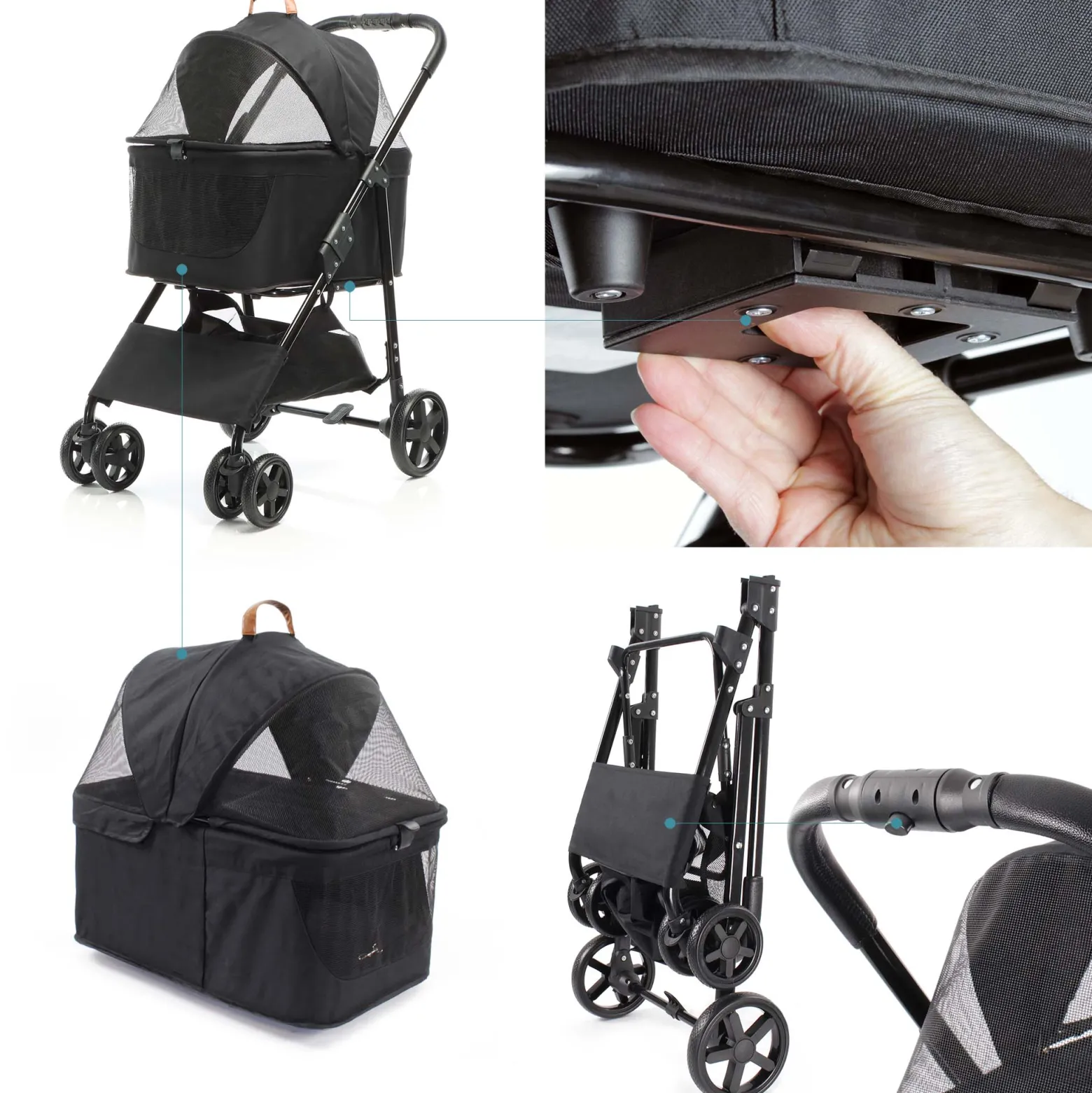 Fudajo 2in1 Hundebuggy zusammenklappbar in Schwarz, Hundewagen mit abnehmbarer Hundetragetasche, für kleine bis mittlere Hunde und Katzen