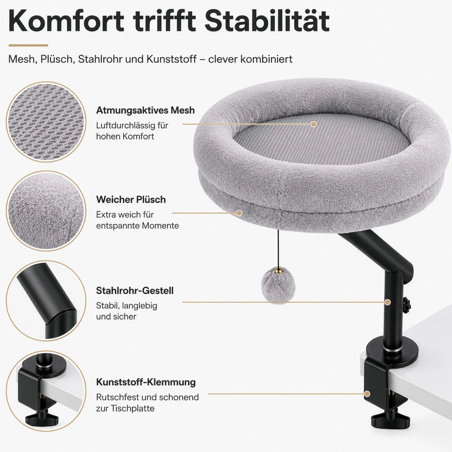 Fudajo Katzenbett für den Schreibtisch 40 x 40 cm hellgrau belastbar bis 15 kg, Katzenliege mit Klemmsystem, Kuschelbett mit Plüsch und Spielball