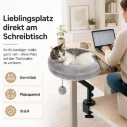 Fudajo Katzenbett für den Schreibtisch 40 x 40 cm hellgrau belastbar bis 15 kg, Katzenliege mit Klemmsystem, Kuschelbett mit Plüsch und Spielball