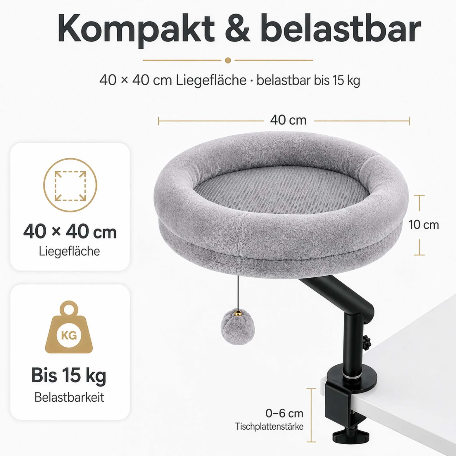 Fudajo Katzenbett für den Schreibtisch 40 x 40 cm hellgrau belastbar bis 15 kg, Katzenliege mit Klemmsystem, Kuschelbett mit Plüsch und Spielball