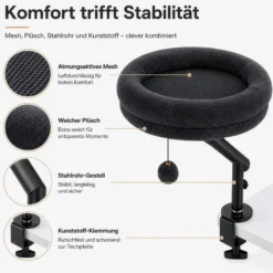 Fudajo Katzenbett für den Schreibtisch 40 x 40 cm dunkelgrau belastbar bis 15 kg, Katzenliege mit Klemmsystem, Kuschelbett mit Plüsch und Spielball
