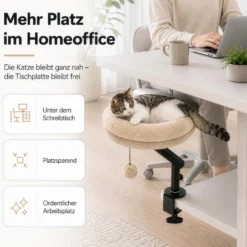 Fudajo Katzenbett für den Schreibtisch 40 x 40 cm beige belastbar bis 15 kg, Katzenliege mit Klemmsystem, Kuschelbett mit Plüsch und Spielball