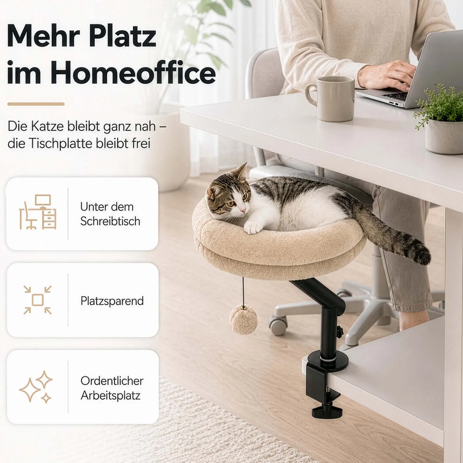Fudajo Katzenbett für den Schreibtisch 40 x 40 cm beige belastbar bis 15 kg, Katzenliege mit Klemmsystem, Kuschelbett mit Plüsch und Spielball