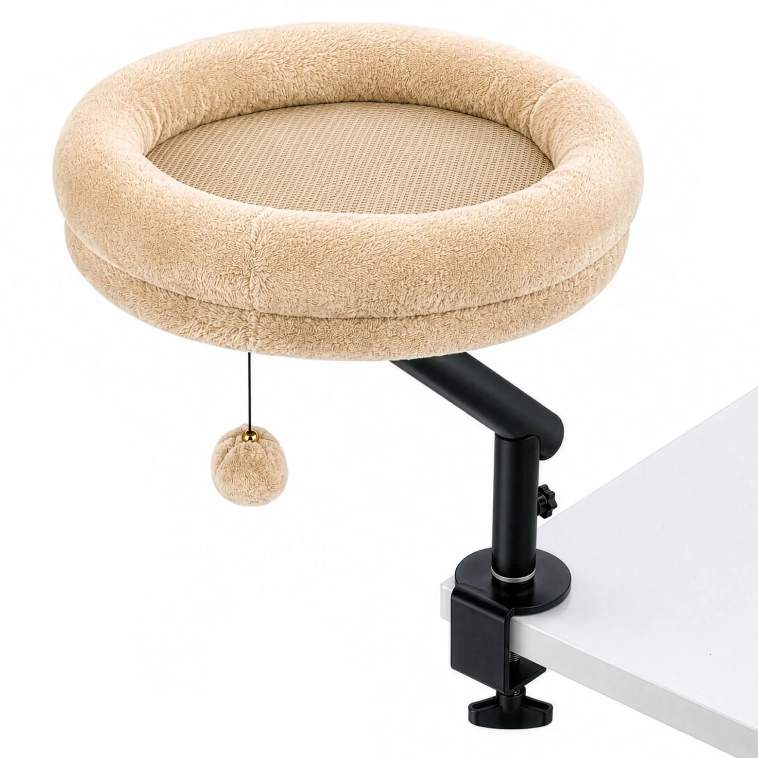 Fudajo Katzenbett für den Schreibtisch 40 x 40 cm beige belastbar bis 15 kg, Katzenliege mit Klemmsystem, Kuschelbett mit Plüsch und Spielball