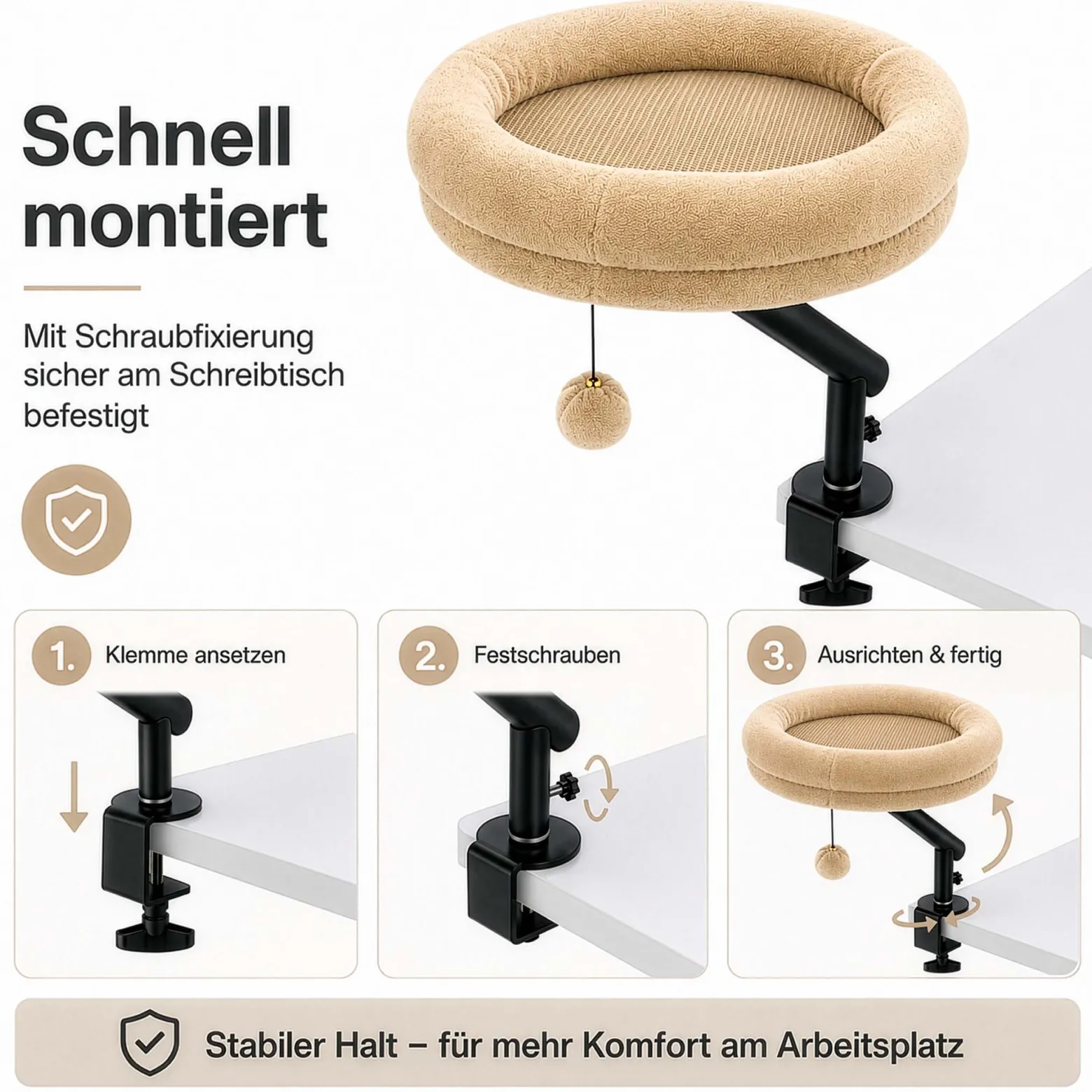 Fudajo Katzenbett für den Schreibtisch 40 x 40 cm beige belastbar bis 15 kg, Katzenliege mit Klemmsystem, Kuschelbett mit Plüsch und Spielball