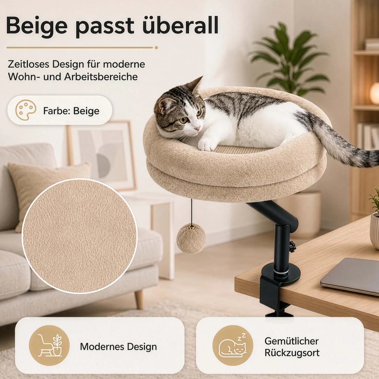 Fudajo Katzenbett für den Schreibtisch 40 x 40 cm beige belastbar bis 15 kg, Katzenliege mit Klemmsystem, Kuschelbett mit Plüsch und Spielball